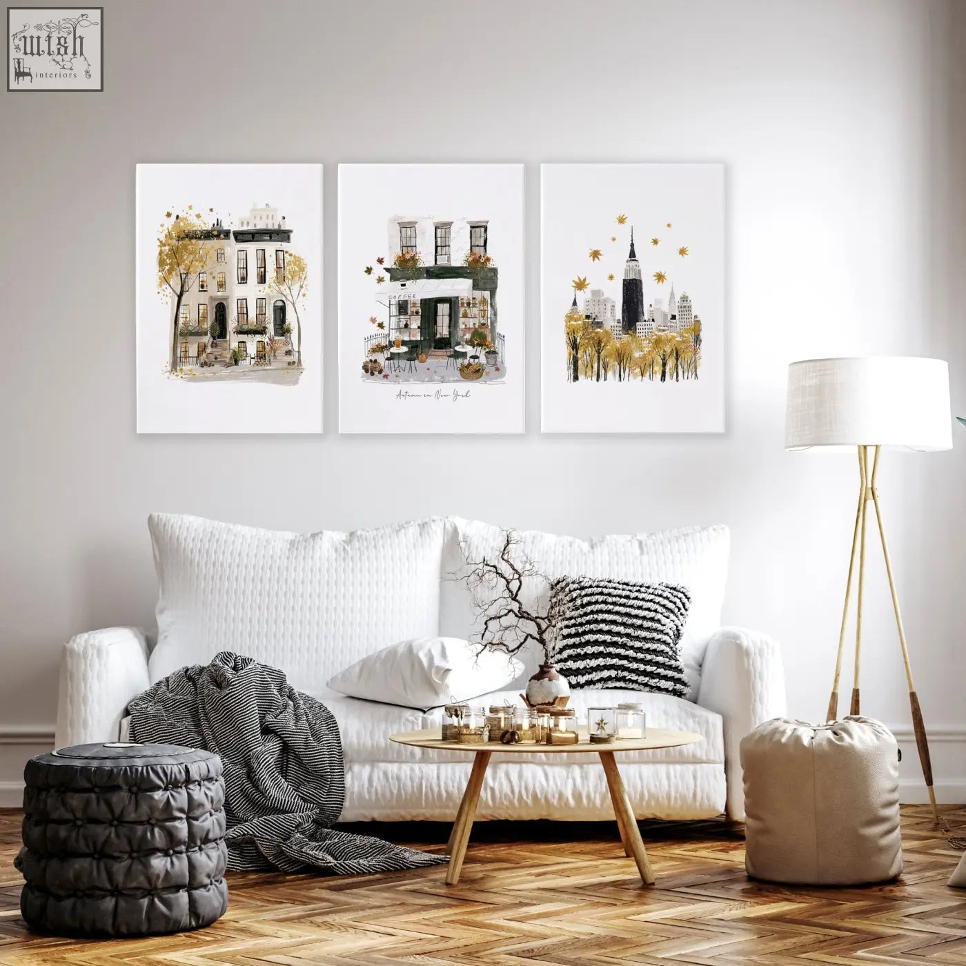 Set of three large watercolor living room wall art prints featuring autumn in new york city with gold accents