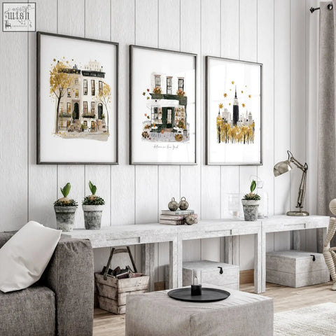 Three framed watercolor prints of new york city buildings in black frames perfect living room wall art set