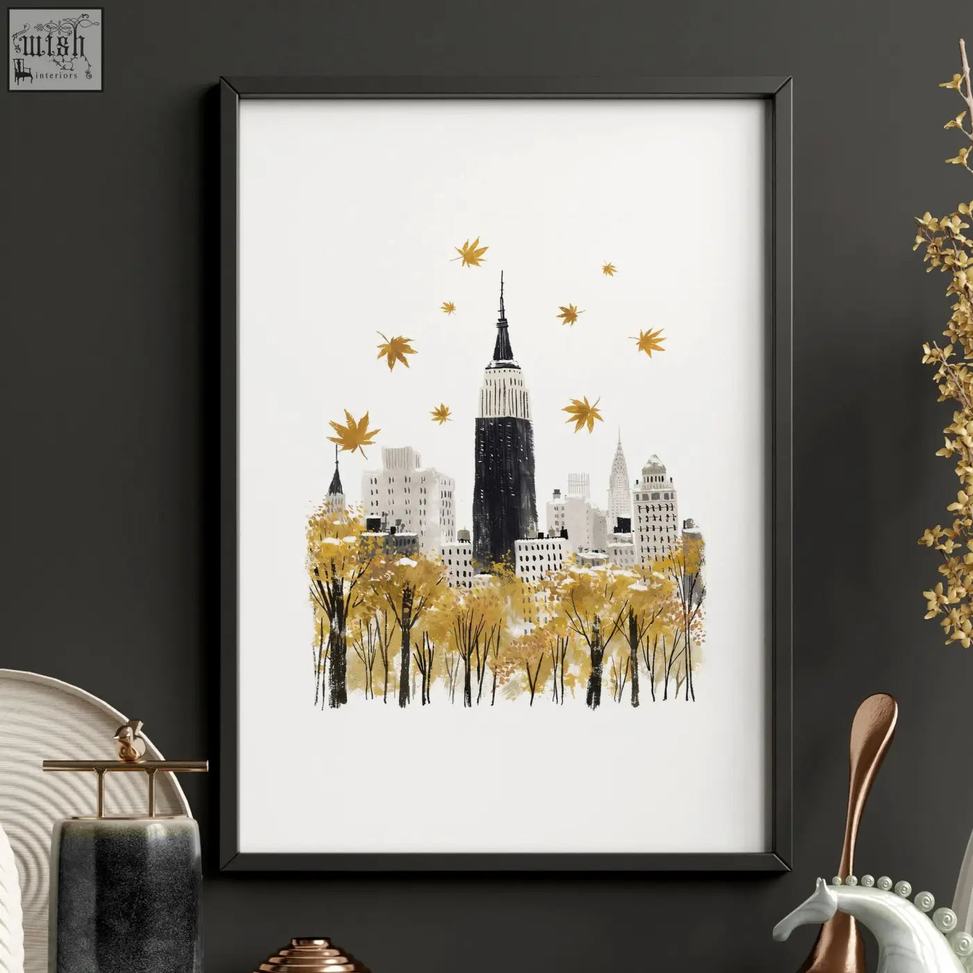 Large black-framed wall art with stylized nyc cityscape and golden autumn leaves perfect for living room wall decor