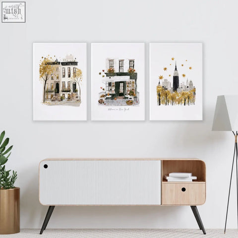 Set of three watercolor cityscape prints with autumn trees in muted earth tones perfect for living room wall art
