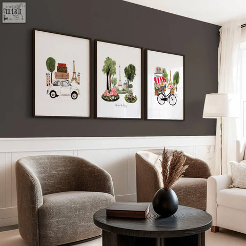 Black ceramic vase with dried pampas grass beside eiffel tower travel wall art for living room decor set of 3