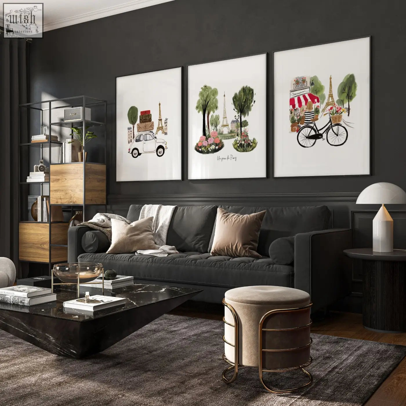 Dark gray velvet sofa with plush cushions beside large paris eiffel tower travel wall art for living room decor