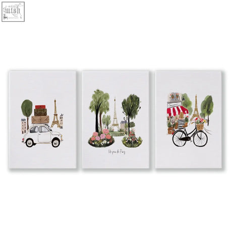 Set of three paris-themed travel wall art prints featuring the eiffel tower vintage car and cyclist for living room decor