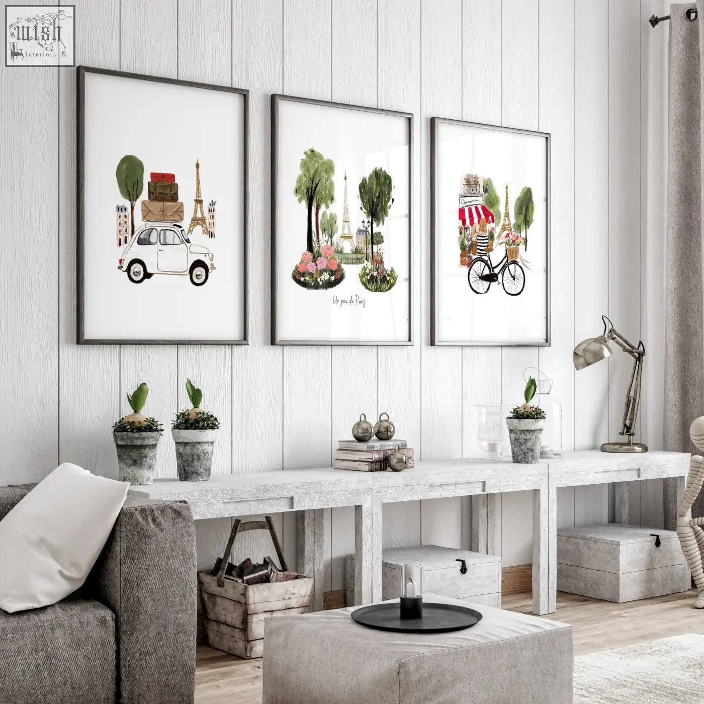 Three framed parisian-themed watercolor prints featuring the eiffel tower and vintage vehicles for living room travel wall art