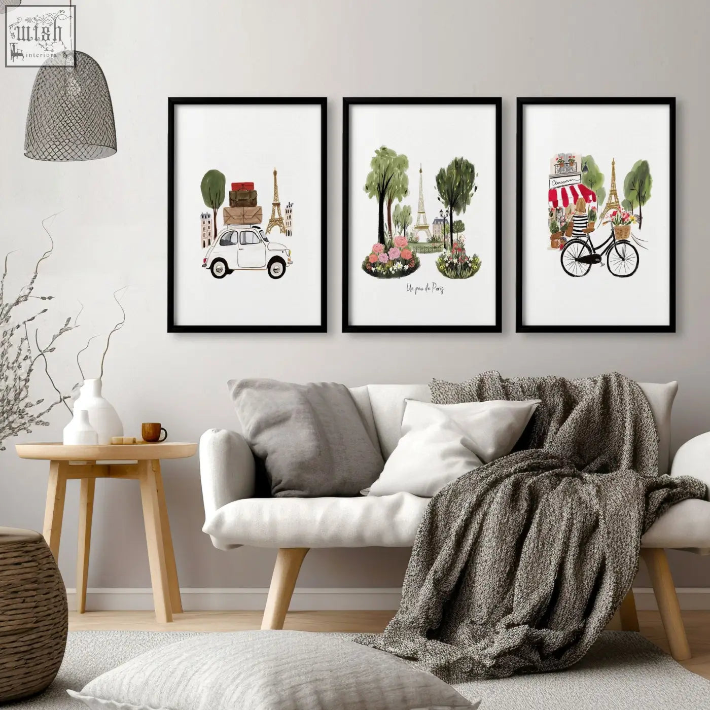 Three framed paris-themed living room travel wall art prints featuring eiffel tower vintage car and floral bicycles