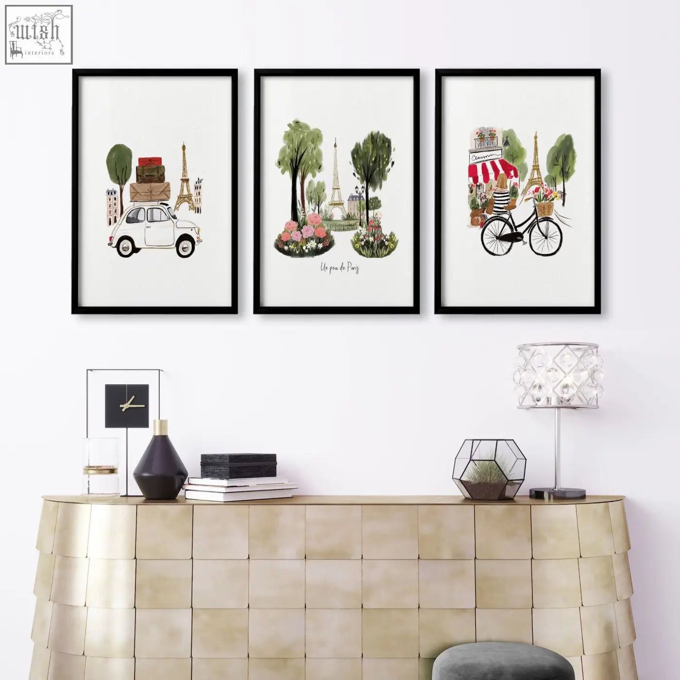 Set of three black-framed paris-themed watercolor prints with eiffel tower for living room travel wall art decor