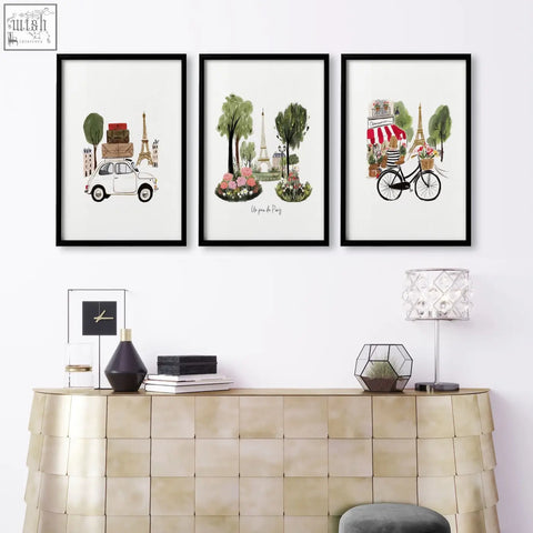 Set of three black-framed paris-themed watercolor prints with eiffel tower for living room travel wall art decor