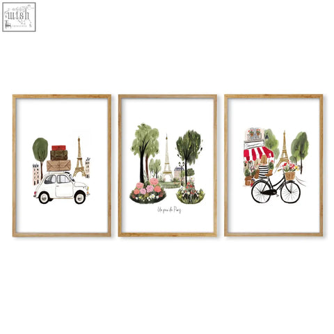 Set of three framed paris-themed travel wall art prints featuring the eiffel tower for living room decor