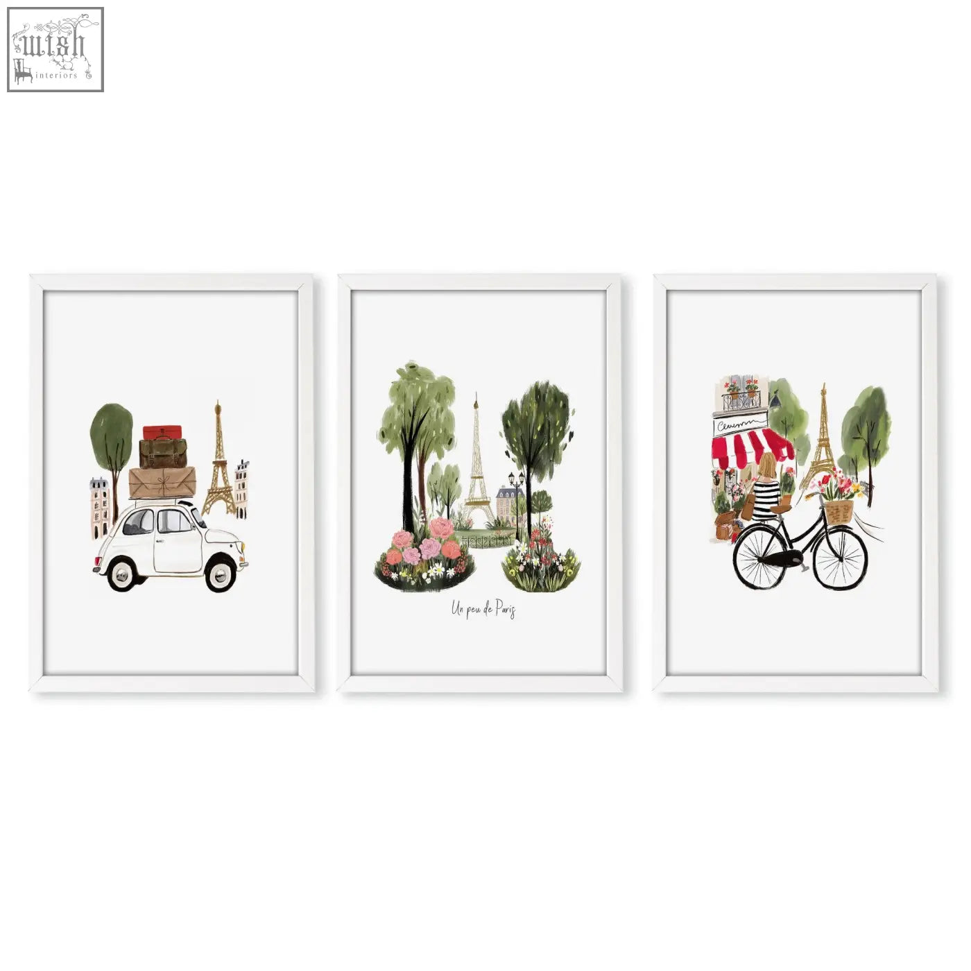 Set of three framed paris travel wall art prints featuring the eiffel tower vintage car and cyclist for living room decor