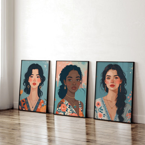 Large Pictures For Walls | Set of 3 Boho Women Wall art Prints