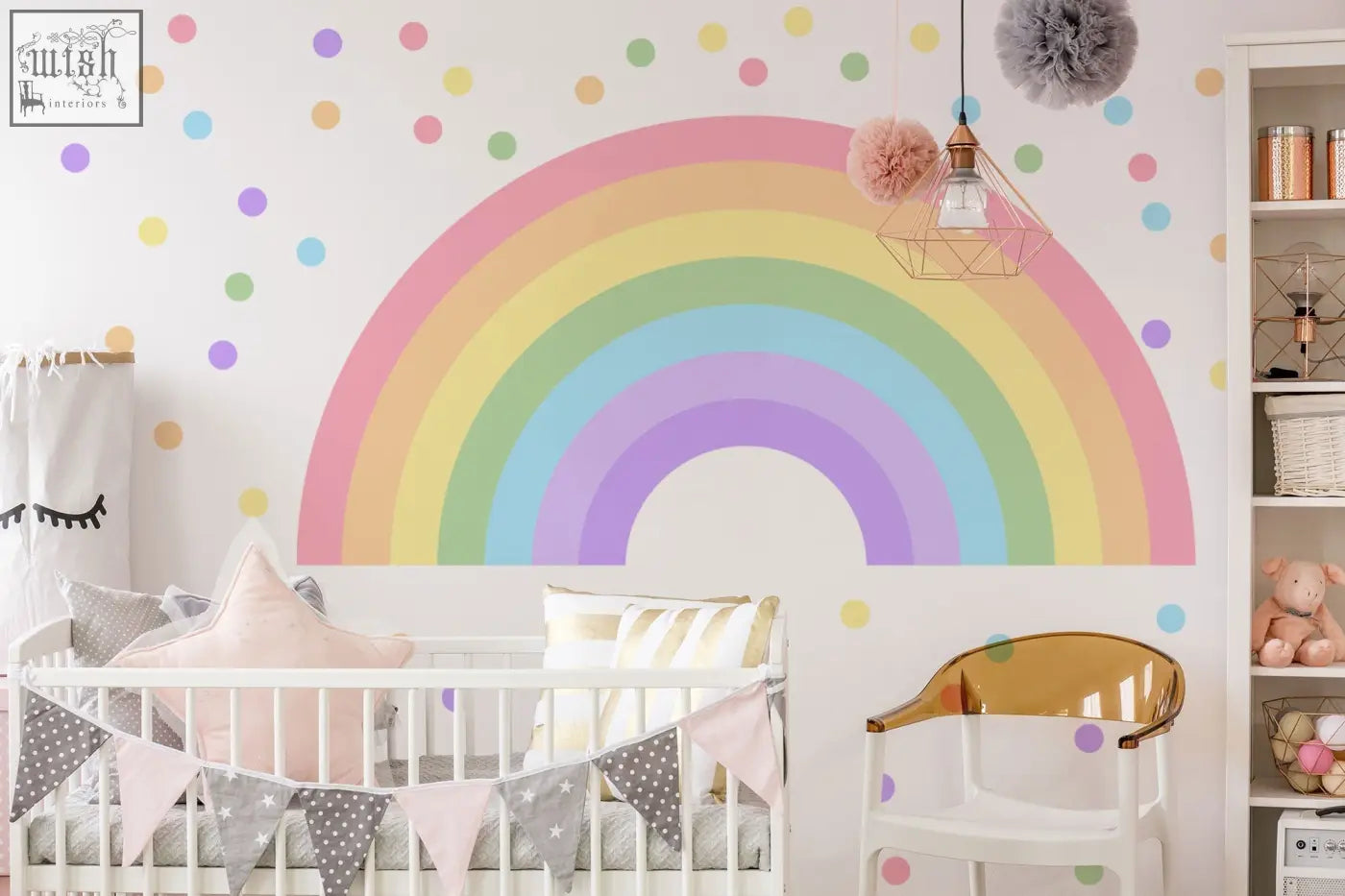 Pastel rainbow vinyl wall decals with soft arcs and polka dots for easy application in girl bedroom or playroom decor