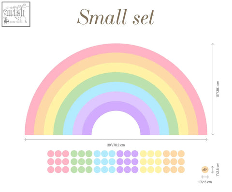 Large pastel rainbow vinyl wall decals with soft gradient and matching polka dot stickers for easy application in kids room