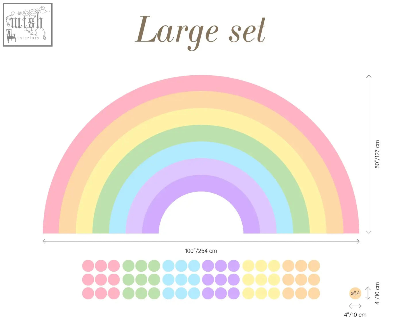 Large pastel rainbow vinyl wall decals with matching polka dots for easy application in girl bedroom or nursery playroom