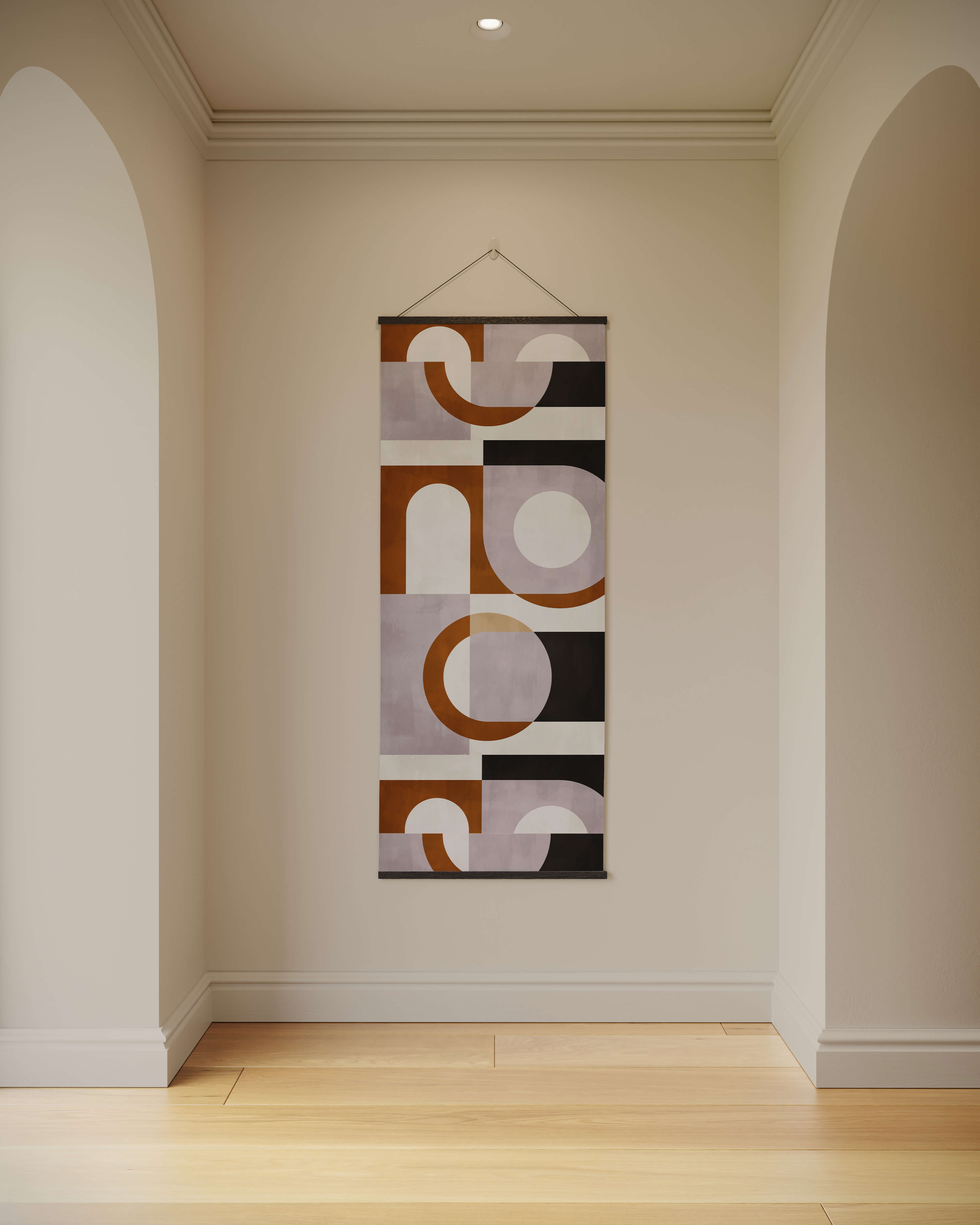 A large retro geometric shape tapestry with a modern abstract vertical design in muted brown black white and gray tones