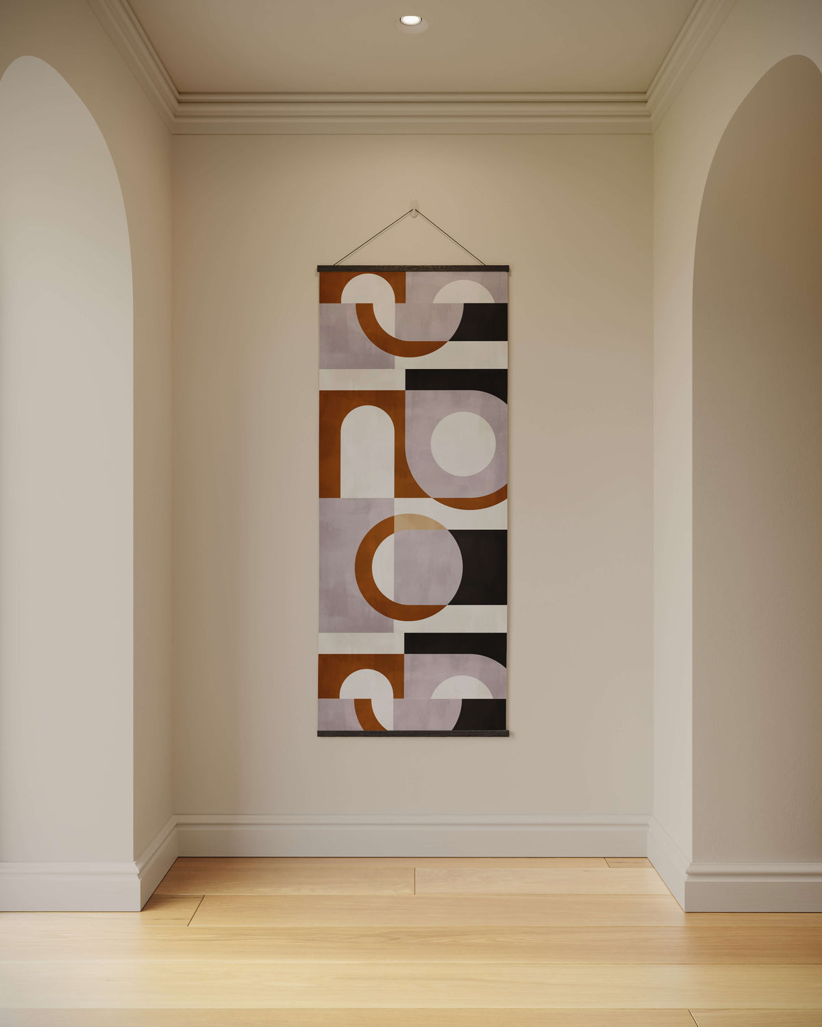 A large retro geometric shape tapestry with a modern abstract vertical design in muted brown black white and gray tones