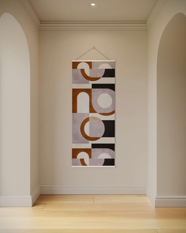 Large retro geometric shape tapestry with muted brown black and gray abstract design on textured fabric background