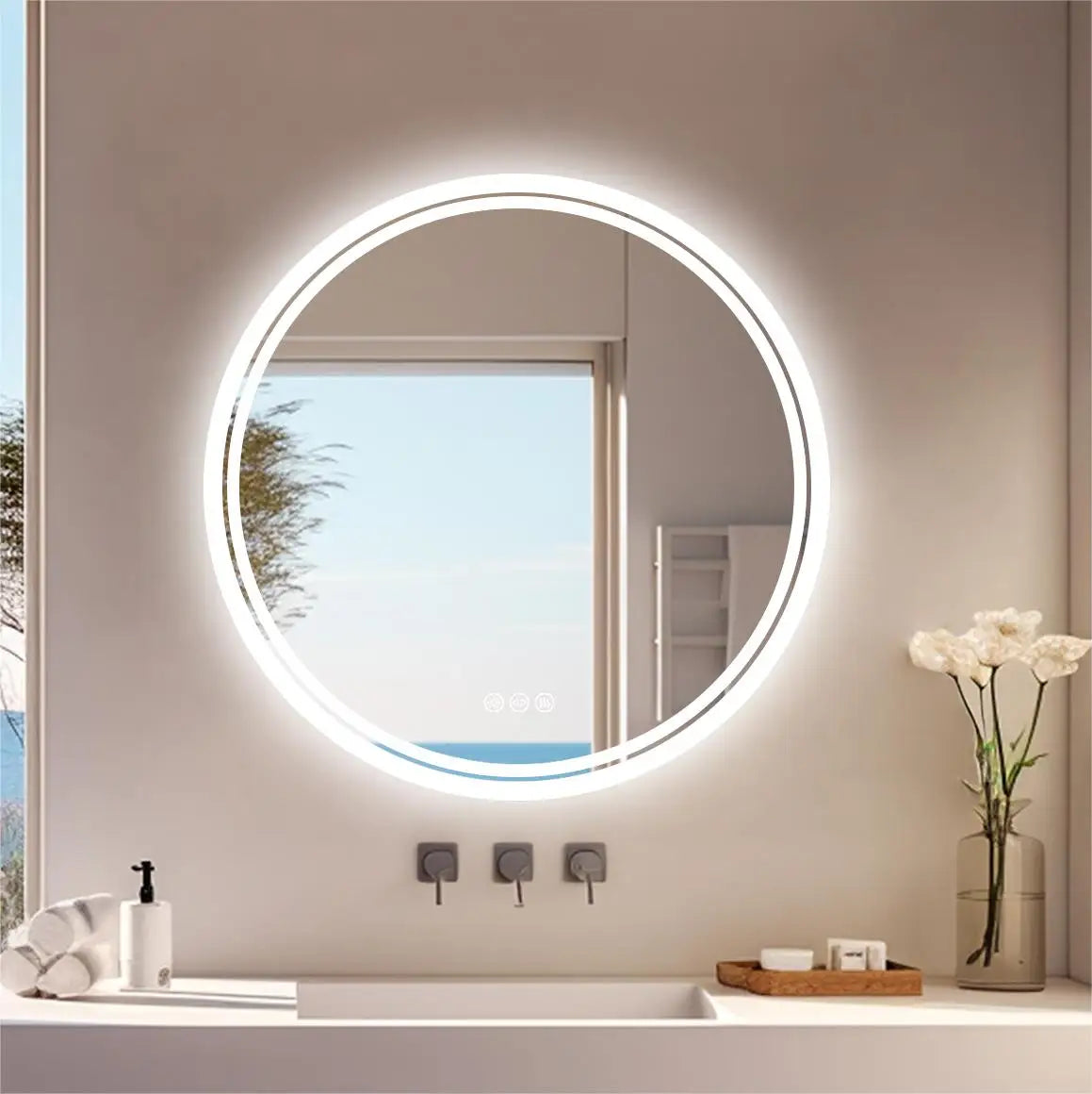 Large round bathroom vanity mirror with bright white led light ring and anti-fog feature for makeup walls mount
