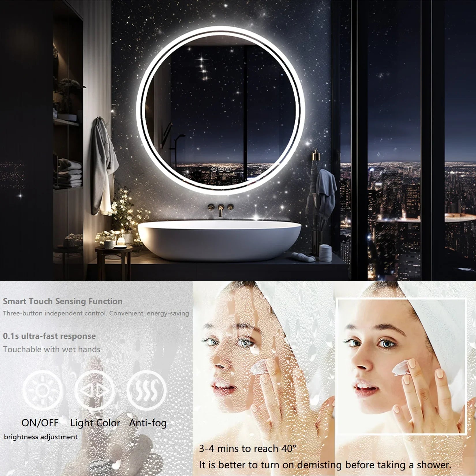 Large round led bathroom vanity mirror with bright white illuminated frame sleek modern anti-fog design for makeup