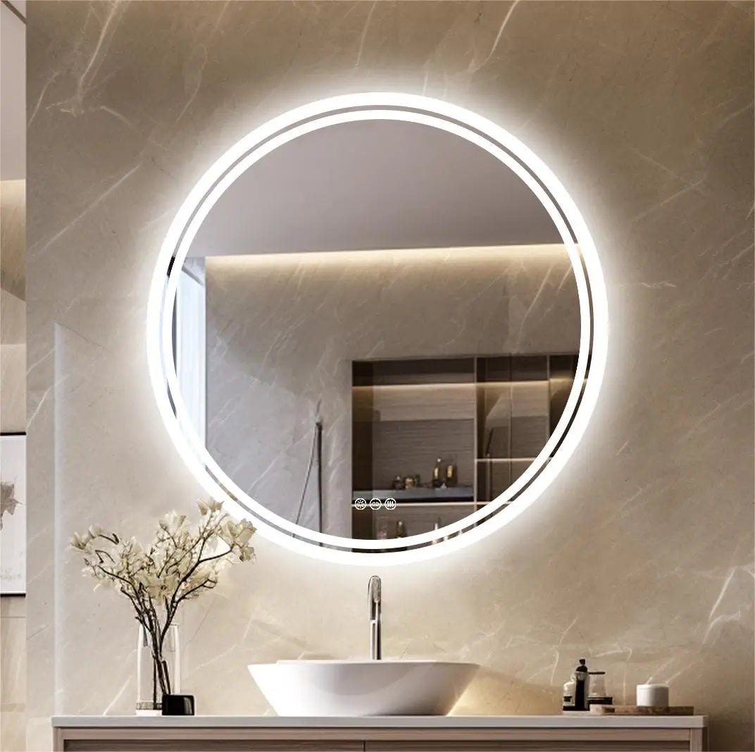 Large round bathroom vanity mirror with bright white led light ring and anti-fog feature for makeup and wall mount use