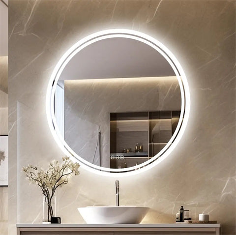 Large round bathroom vanity mirror with bright white led light ring and anti-fog feature for makeup and wall mount use