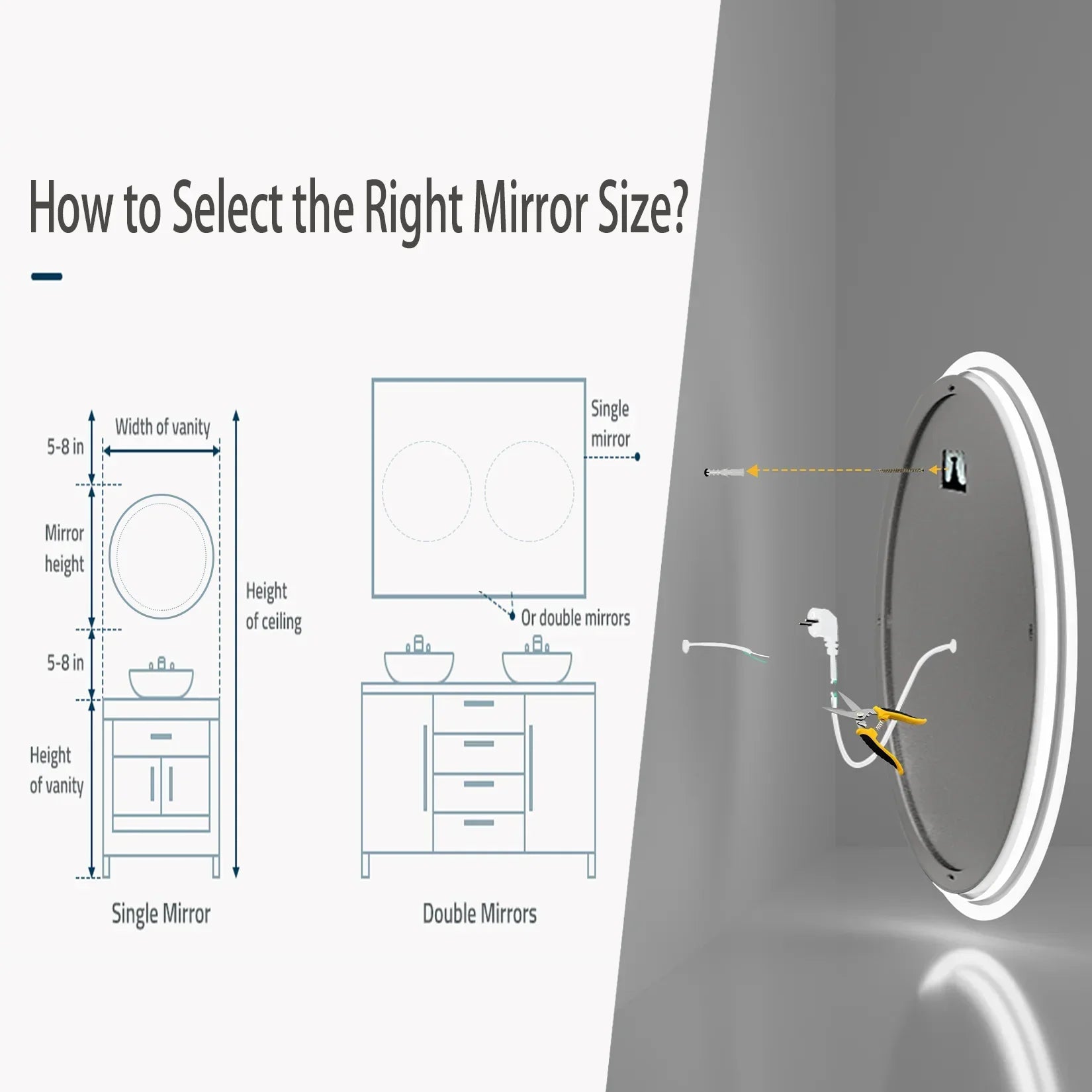 A large round white led bathroom vanity mirror with anti-fog and smart touch brighter lights for makeup wall mount