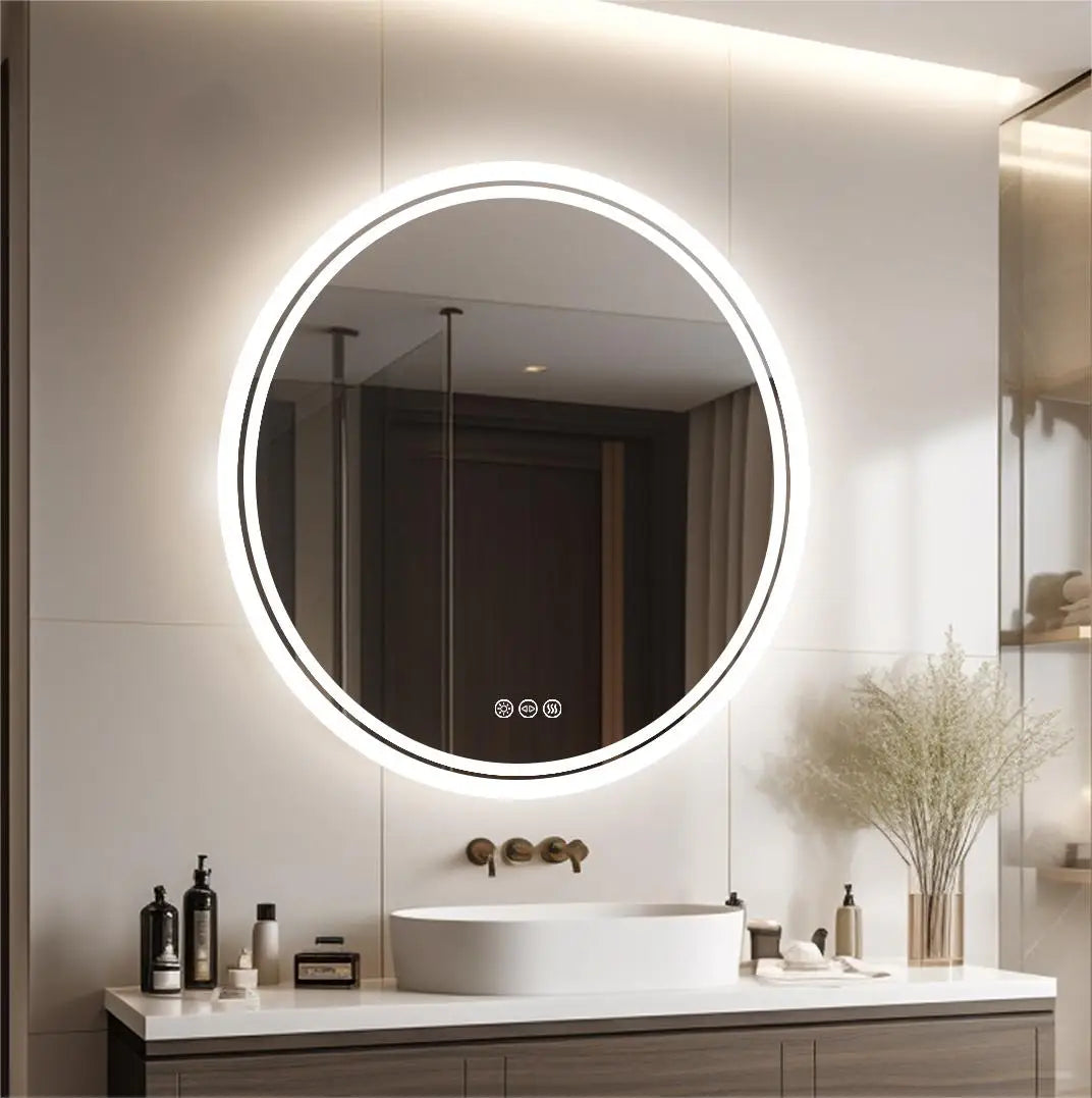 Large round led bathroom vanity mirror with bright white led light ring sleek modern design for makeup wall mount smart touch