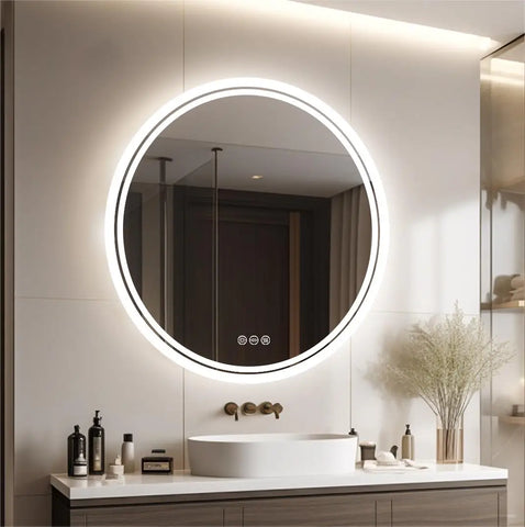 Large round led bathroom vanity mirror with bright white led light ring sleek modern design for makeup wall mount smart touch