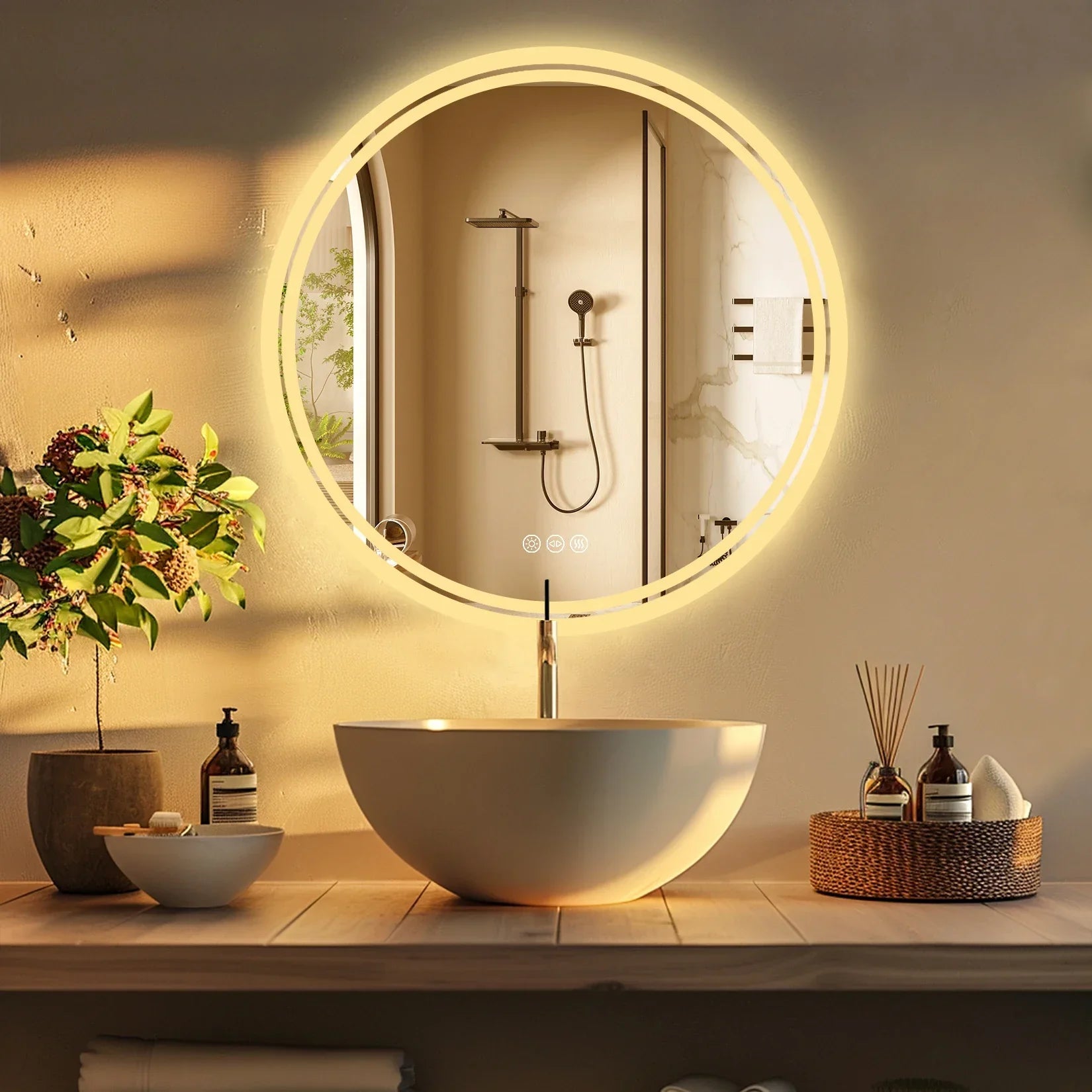 Large round led bathroom vanity mirror with warm backlit glow anti-fog brighter lights smart touch wall mount
