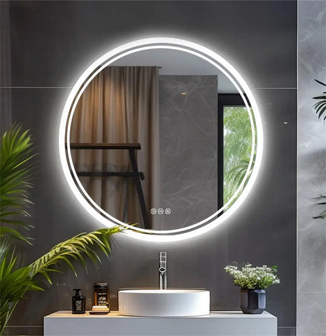 Large round led bathroom vanity mirror with bright white light ring sleek modern design and anti-fog smart touch