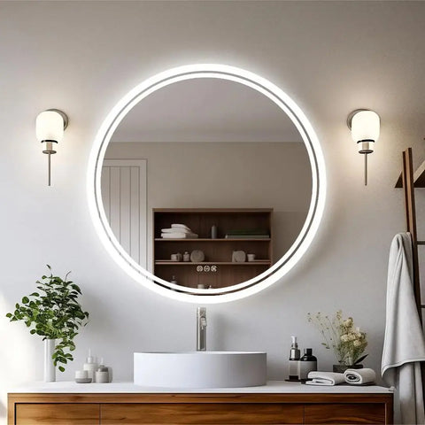 Large round led bathroom vanity mirror with bright white light ring sleek modern design anti-fog for makeup use