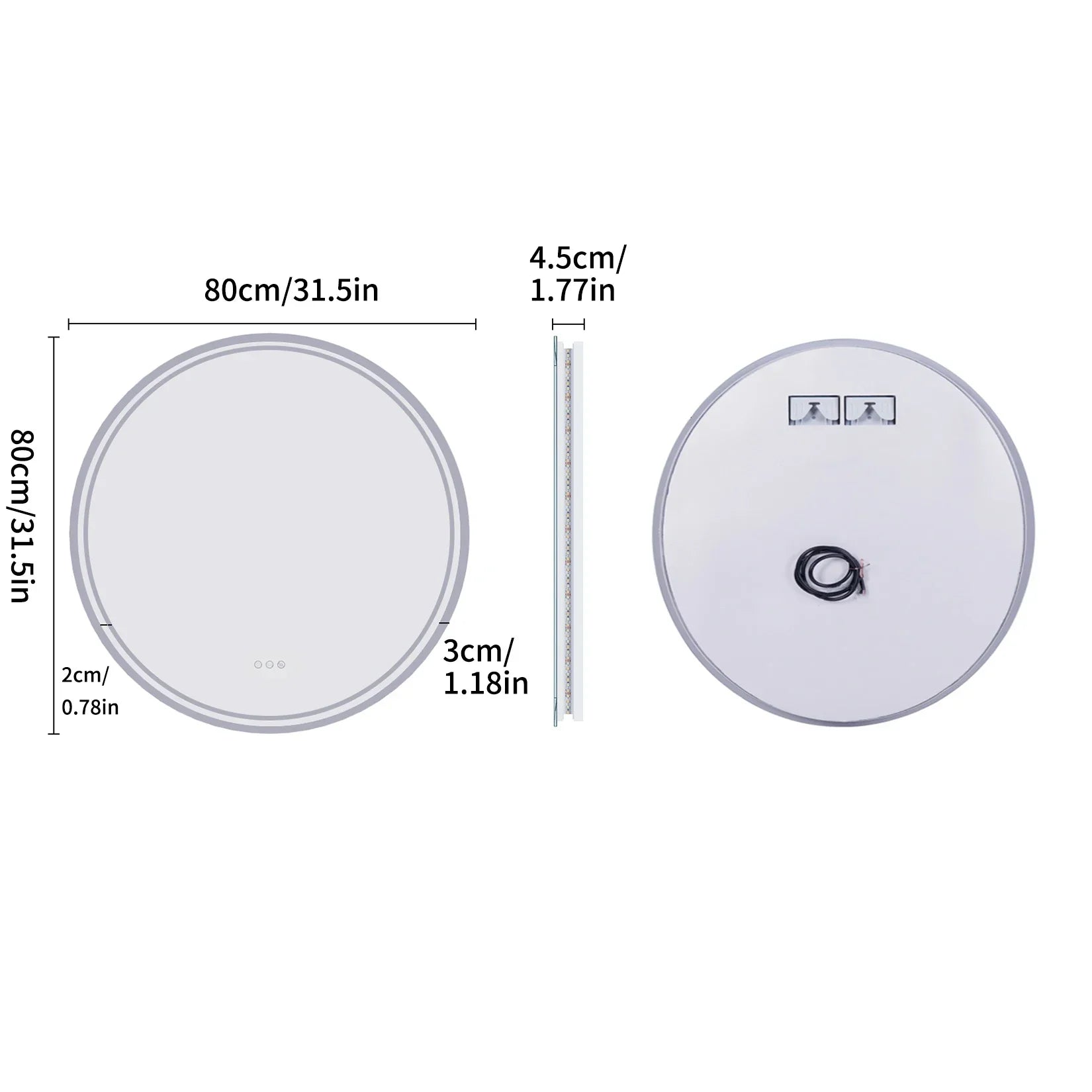 Large round white led bathroom vanity mirror with anti-fog and bright smart touch lights for makeup wall mount