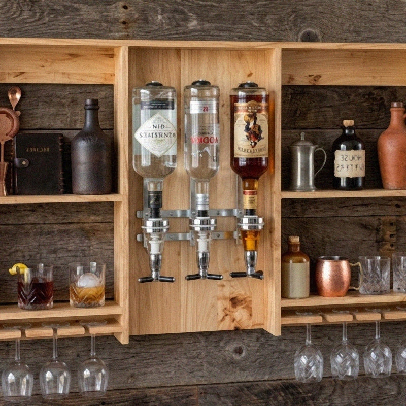 Large rustic wooden wall-mounted bar dispenser holding three spirit bottles with chrome pour spouts for garden bar setup