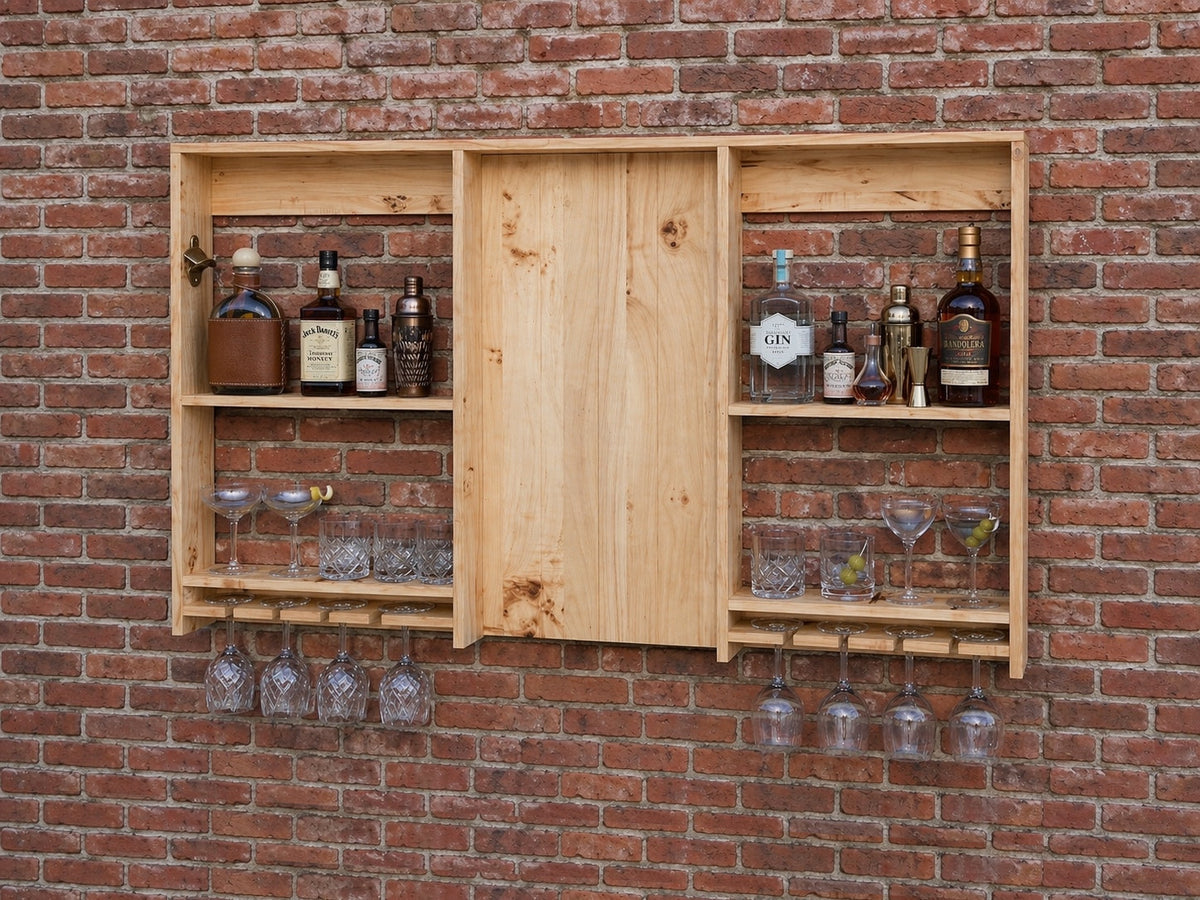 Large rustic wooden wall-mounted bar cabinet with shelves and glassware holders perfect for garden bar setup