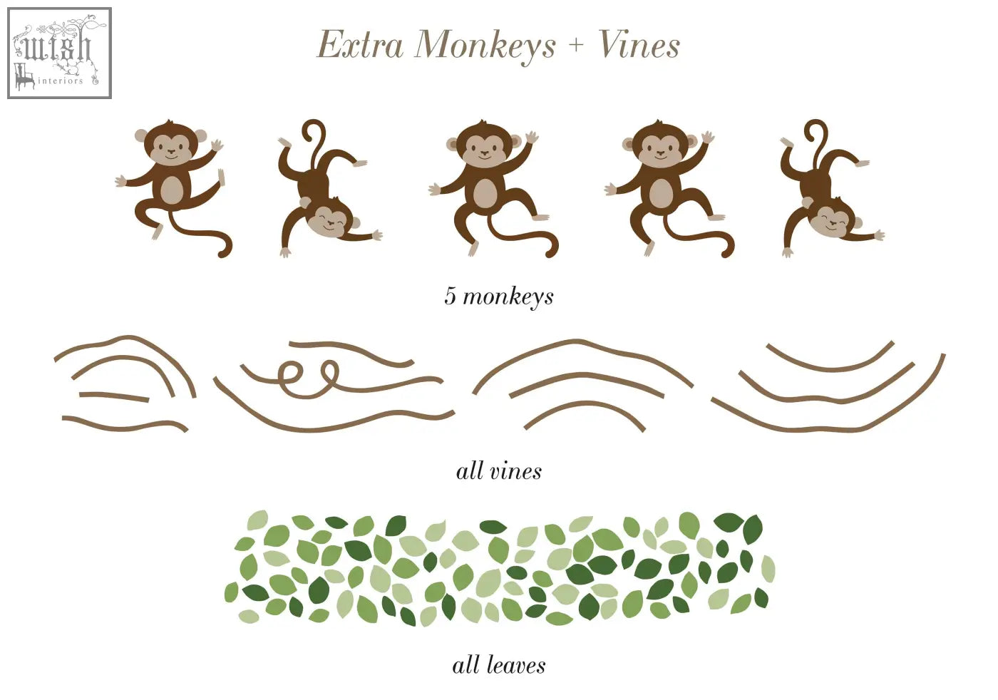 Brown cartoon monkey wall decals with green leaves and vines as large safari animals for nursery walls