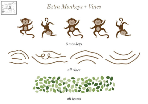 Brown cartoon monkey wall decals with green leaves and vines as large safari animals for nursery walls