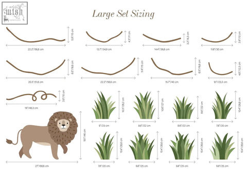 A brown illustrated lion with detailed mane among plants in large safari animals monkey wall decals sizing chart