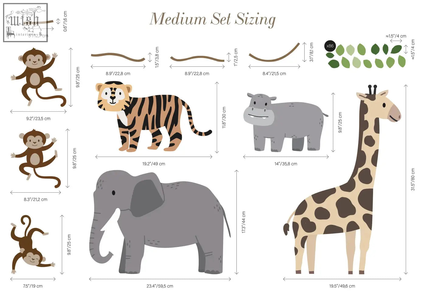 A charming medium-sized giraffe wall decal with beige and dark brown spots from large safari animals and monkey wall decals