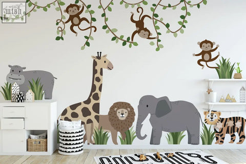 A charming safari-themed wall decals set with large safari animals and monkey wall decals in soft earth tones for nursery walls