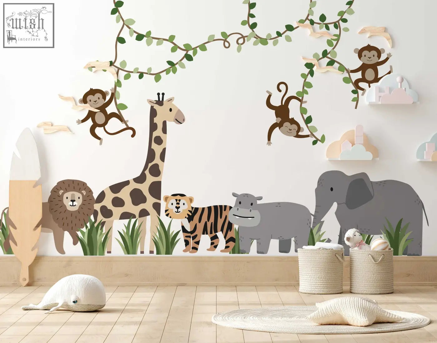A charming safari-themed large safari animals and monkey wall decals in soft earth tones for nursery walls