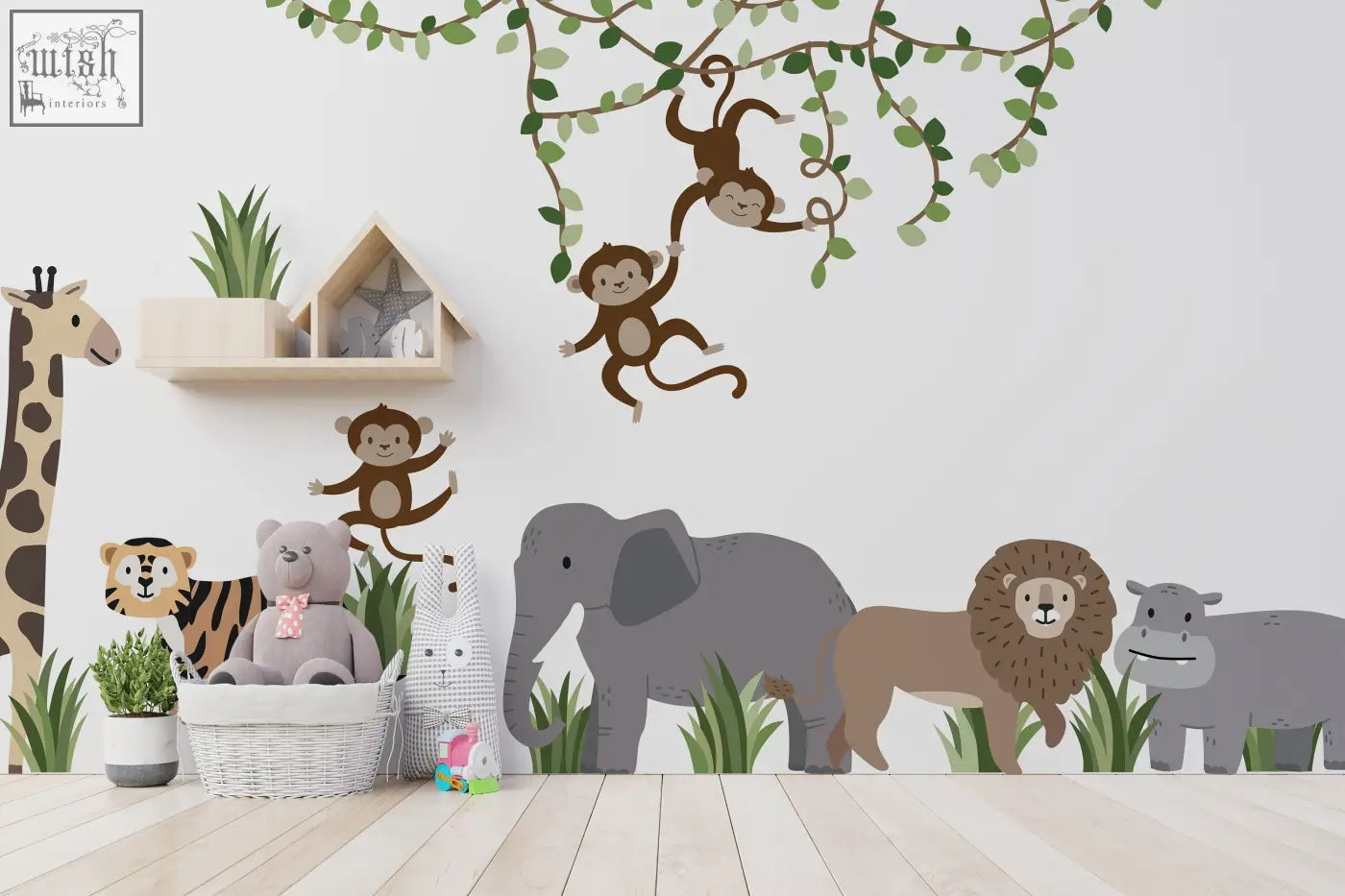 Brown and gray large safari animals and monkey wall decals featuring jungle creatures hanging from leafy vines for nursery walls
