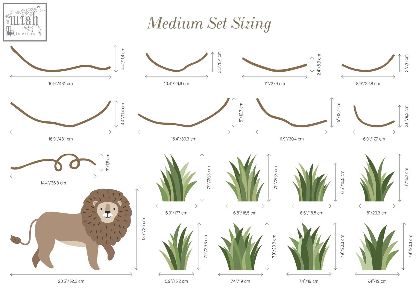 Illustrated medium-sized lion with brown mane and tan body cartoon style for large safari animals wall decals