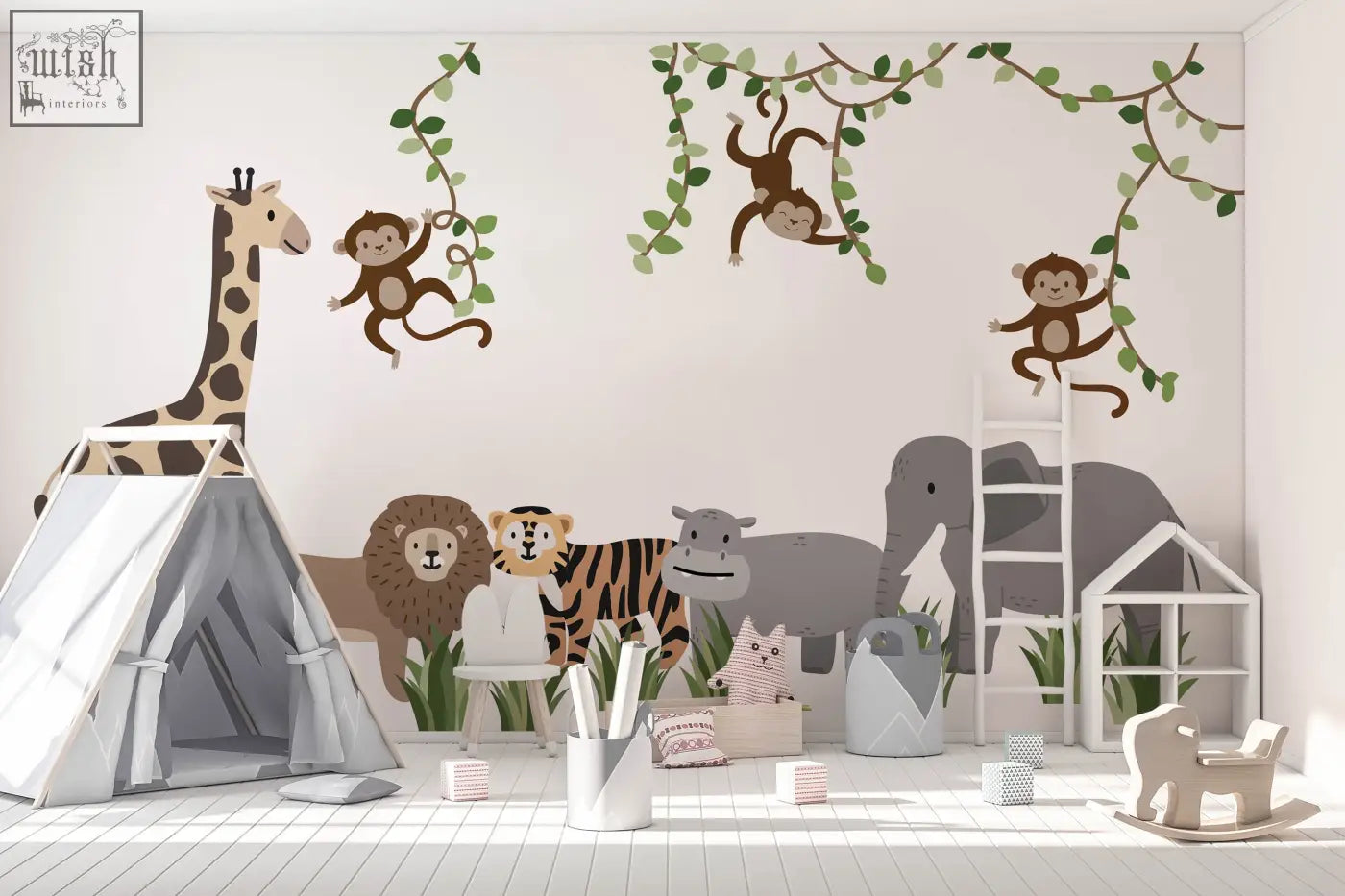 Whimsical large safari animals and monkey wall decals with cartoon giraffes lions and elephants in soft earth tones for nurseries