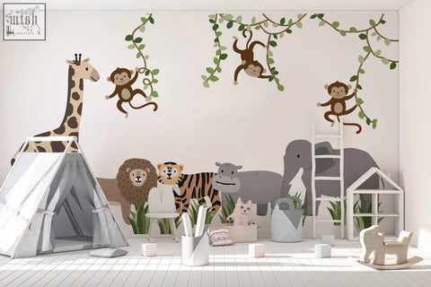 Whimsical large safari animals and monkey wall decals with cartoon giraffes lions and elephants in soft earth tones for nurseries