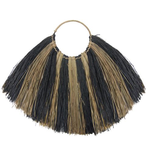 Large seagrass fan wall decor with black and tan straw fringe and circular woven top for natural wall decor