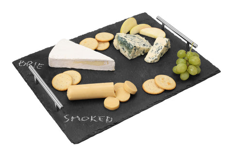 Large slate tray with stainless steel handles featuring a black slate cheese board with chalk-written labels