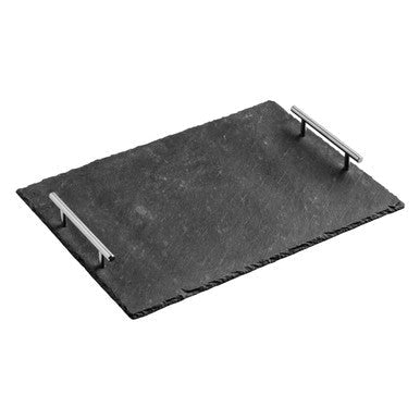 Large black slate tray with sleek polished stainless steel handles perfect for serving or display