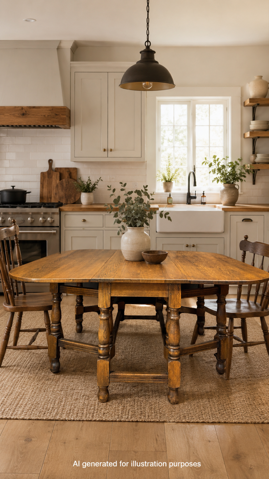 Warm rustic large solid oak gateleg dining table with drop leaf and turned legs in natural finish