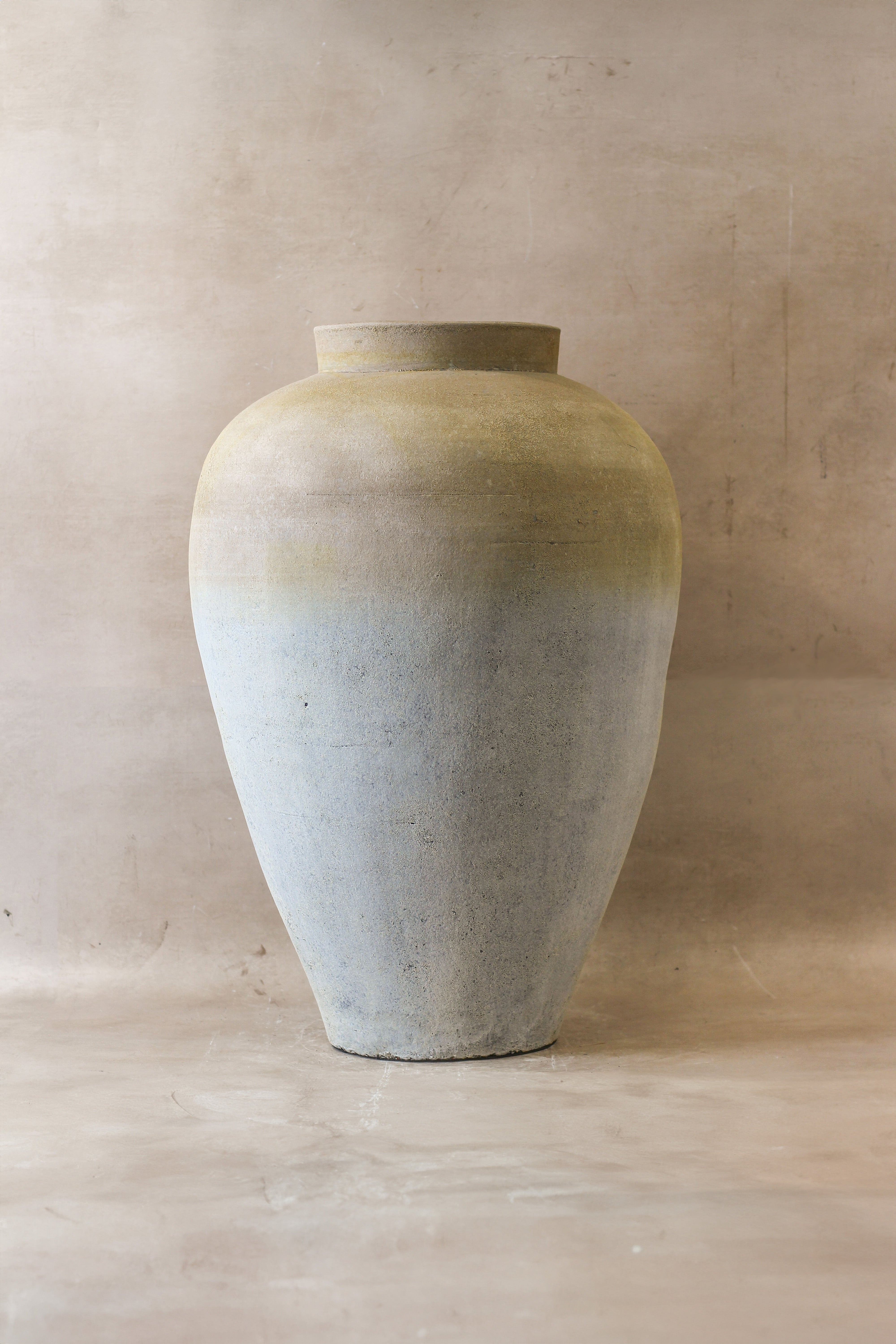 Large two tone neutral indonesian pot no 33 ceramic jar with matte finish and beige to light gray gradient