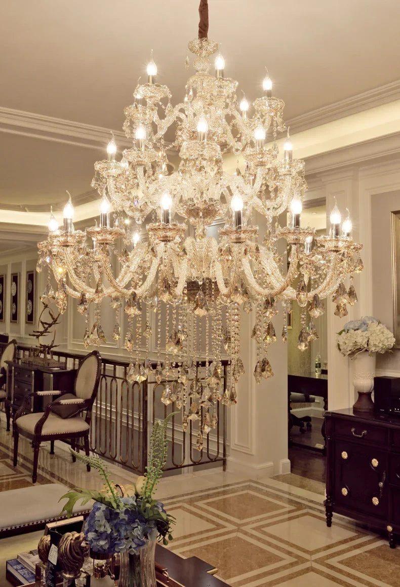 A large villa crystal chandelier with 48 lamps, diameter 120cm*height, featuring hanging chain and cascading crystals