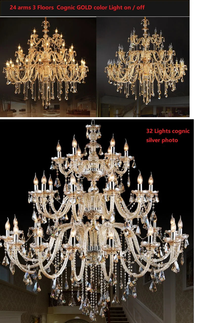 Large villa gold and silver crystal chandelier with multiple arms diameter 120cm height and hanging chain